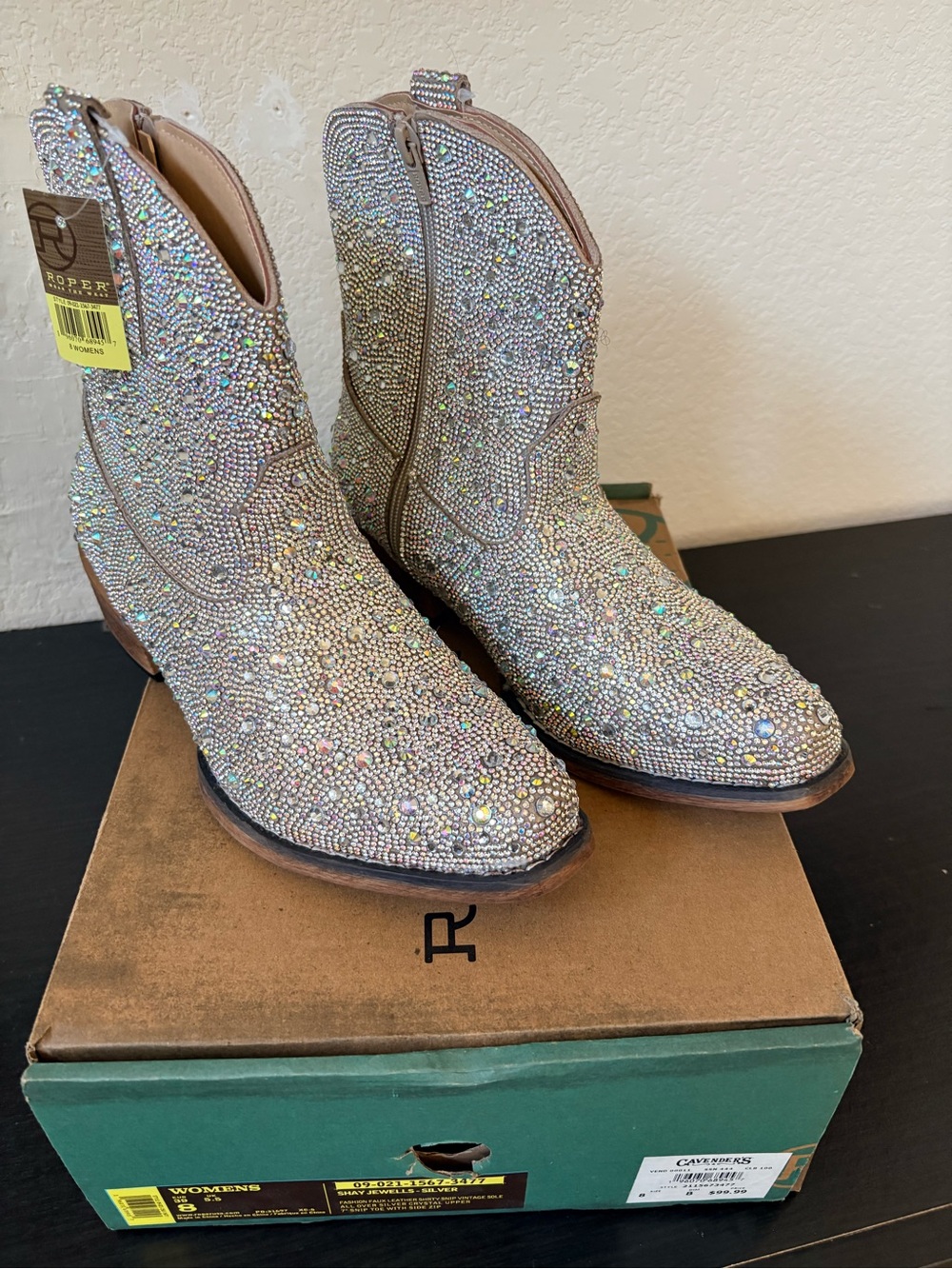 Roper Crystal-Covered Ankle Western Boots - Iridescent Silver